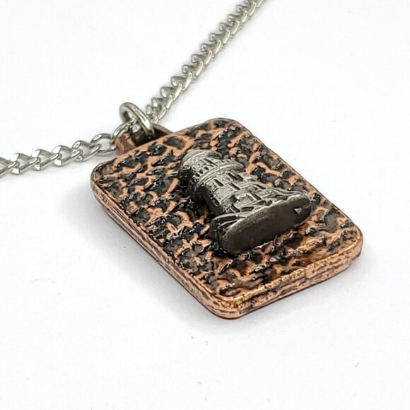 Vintage Hammered Copper Pewter Lighthouse Necklace Pendant FORT 1979 1" X 1/2" - Picture 2 of 4
